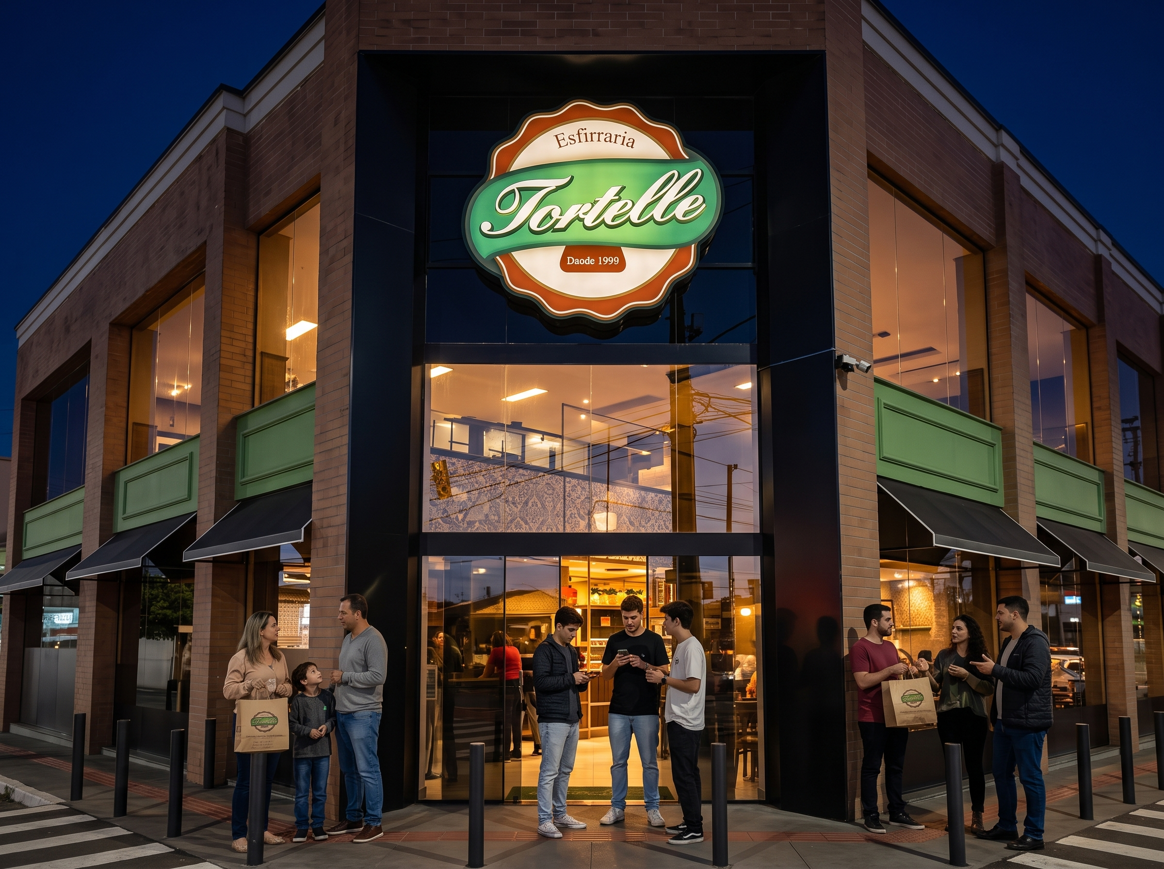 Fachada da Tortelle à noite, com pessoas na calçada